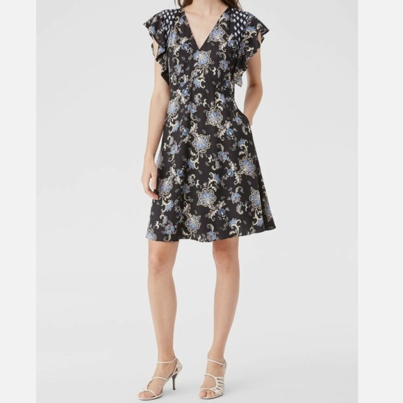 Rebecca Taylor Silk Blend Paisley Dress Black Ruffle Flutter Sleeve Size 8 - Picture 12 of 13